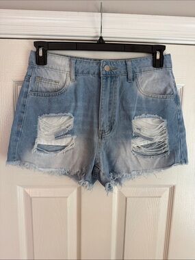 Light Blue Distressed Denim Shorts with Raw Hem